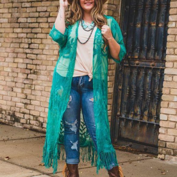 lucky and blessed Tops - Jade Lace Kimono with Fringe